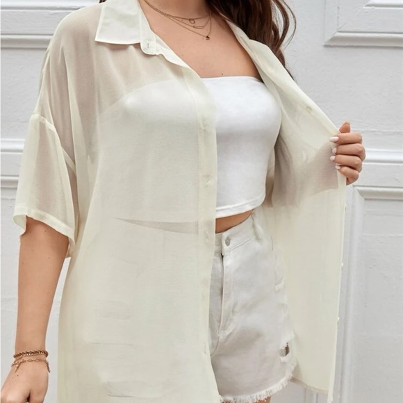 Sheer Short Sleeve Button-Front Drop-Shoulder Shirt NWOT - Picture 14 of 15